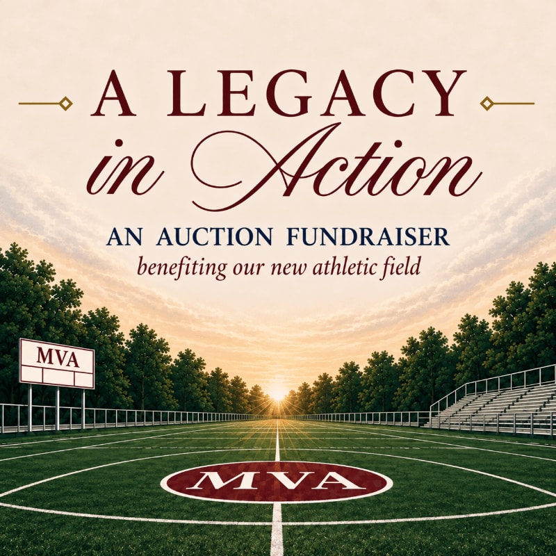 A football field with a scoreboard and bleachers is set against a sunset sky, with the text "A LEGACY in Action" prominently displayed.