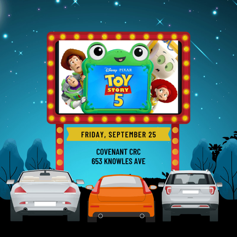 Three cars are parked in front of a drive-in movie screen displaying the Toy Story 5 logo under a starry night sky.