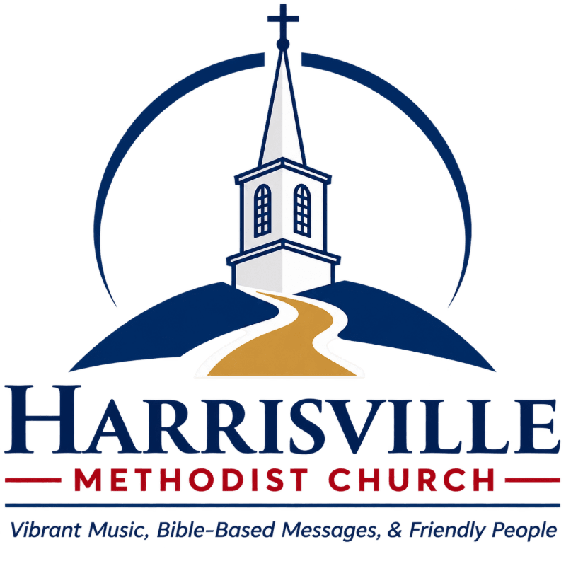 A stylized church steeple with a cross stands atop a hill with a winding path in the foreground, set against a dark blue arch and white background, with the text "HARRISVILLE METHODIST CHURCH" and a tagline below.