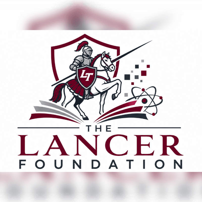 A knight on horseback, holding a shield with "LT" on it, charges forward from an open book, with abstract geometric shapes and an atom symbol in the background, all under the text "THE LANCER FOUNDATION".