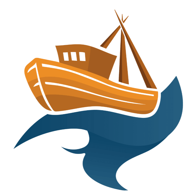 A stylized orange fishing boat with brown masts sails on a blue wave against a white background.