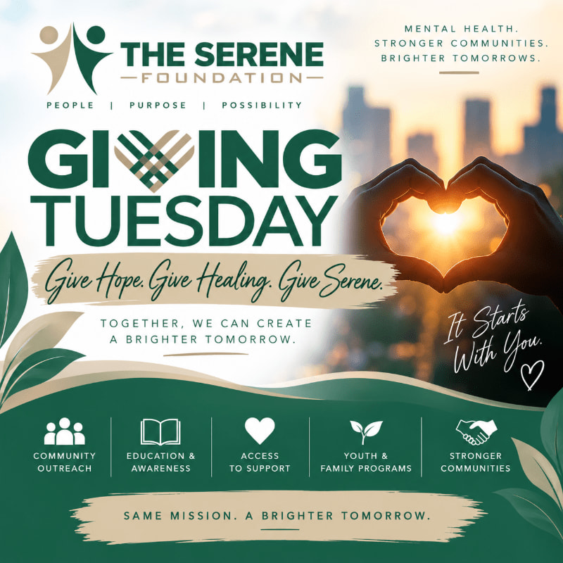 In the foreground, a graphic promotes "Giving Tuesday" with the Serene Foundation's logo and icons representing community outreach, education, support, youth programs, and stronger communities, while the background features hands forming a heart shape against a sunset cityscape.