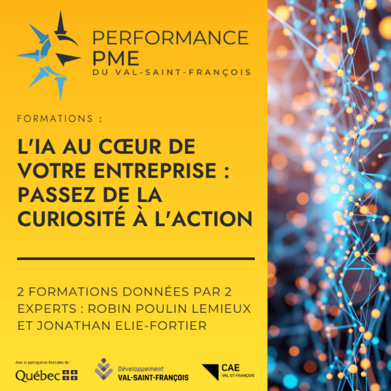 A bright yellow poster advertises a training session on AI for businesses, with a blurred background of glowing blue digital connections.