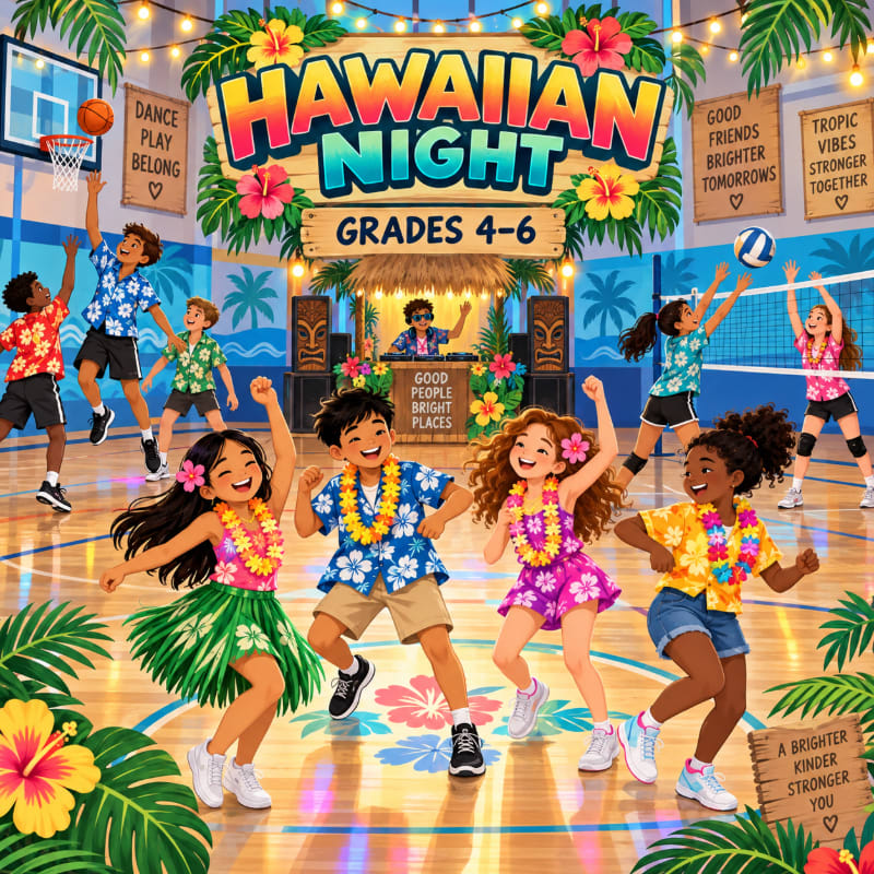 Children in Hawaiian attire dance on a gym floor in front of a DJ booth, while others play volleyball and basketball in the background.