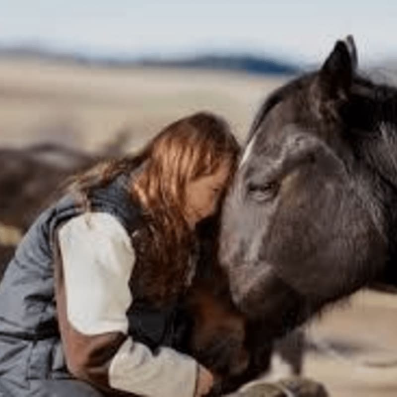 A woman with auburn hair nuzzles a dark horse in the foreground, with a blurred, arid landscape in the background.