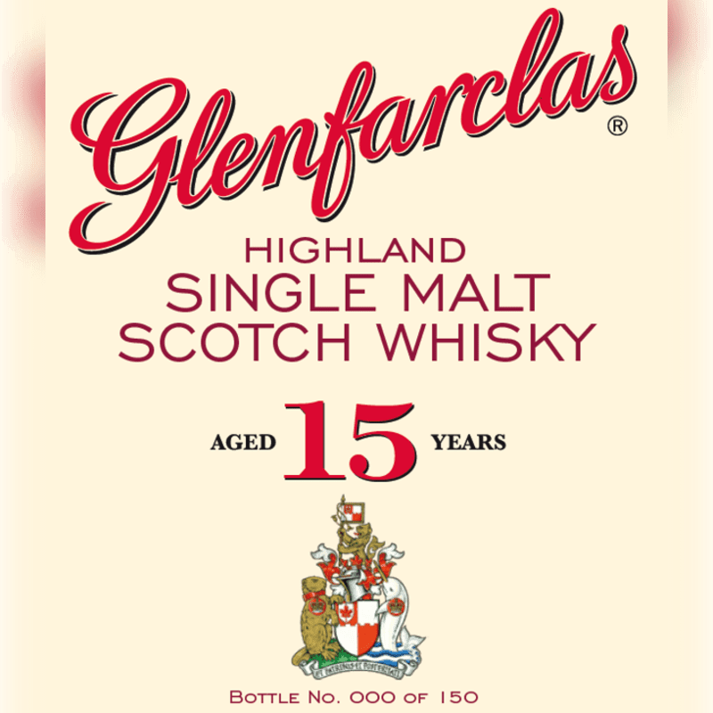 A cream-colored background displays the Glenfarclas logo and text about Highland Single Malt Scotch Whisky aged 15 years, with a coat of arms in the foreground.