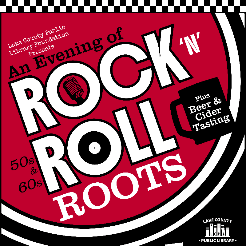 A red and black graphic advertises "An Evening of Rock 'n' Roll Roots" with a beer mug and vintage microphone in the foreground, set against a checkered border in the background.