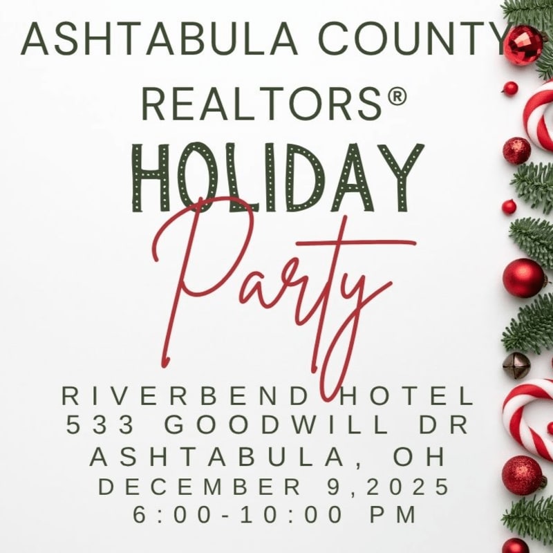 A holiday party invitation for Ashtabula County Realtors is displayed against a white background with festive red and green Christmas decorations on the right side.
