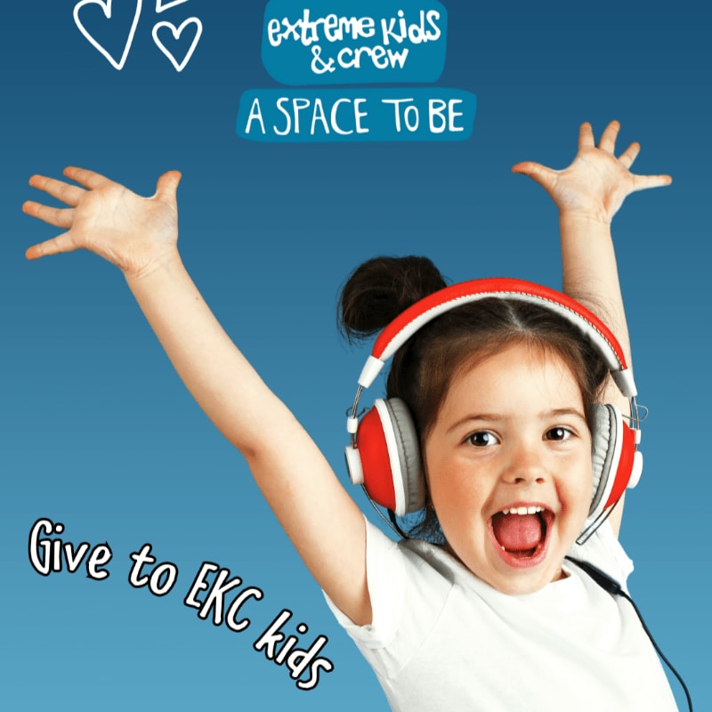 A joyful young girl with headphones on and arms raised in the air is in the foreground, with a blue background featuring text and heart doodles.
