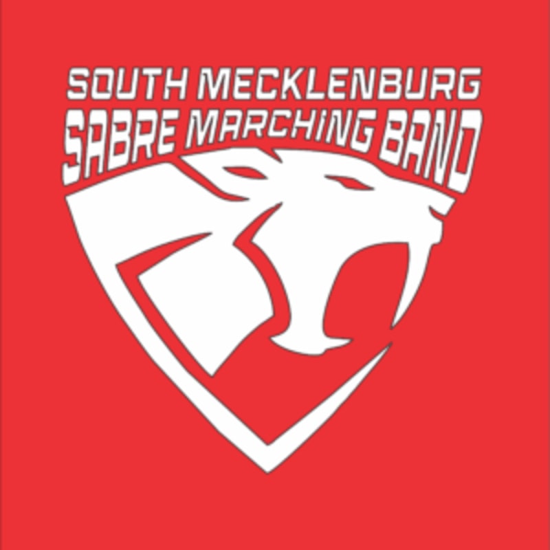 A white saber-toothed cat logo with "SOUTH MECKLENBURG SABRE MARCHING BAND" written above it is displayed on a red background.