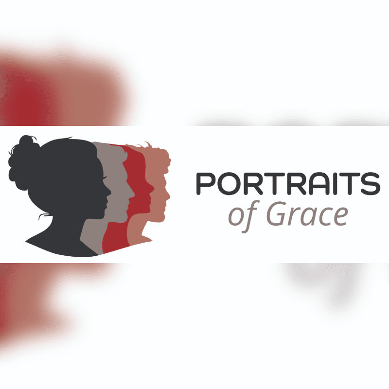 Silhouetted profiles of women in varying colors are layered in the foreground against a white background with the text "PORTRAITS of Grace" to the right.