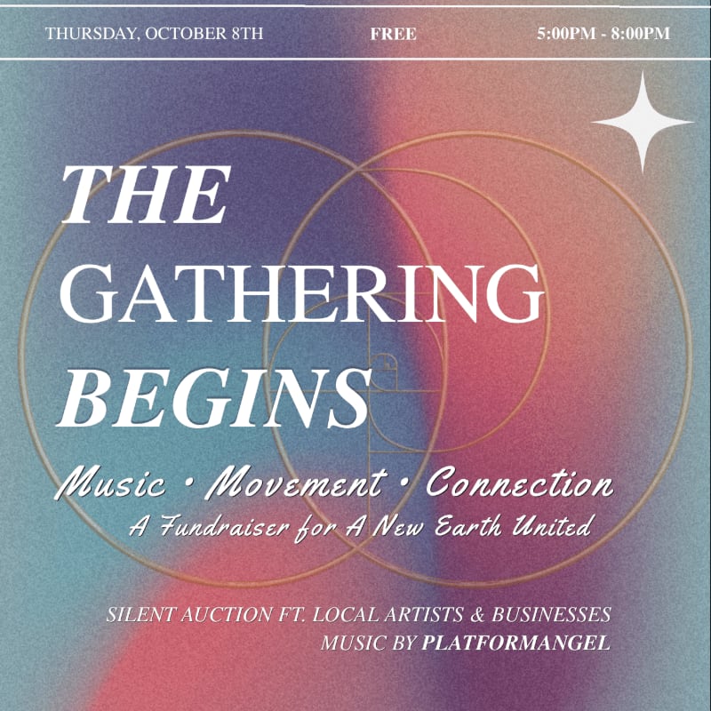 A gradient background with abstract circles frames the text "THE GATHERING BEGINS" and event details for a fundraiser.