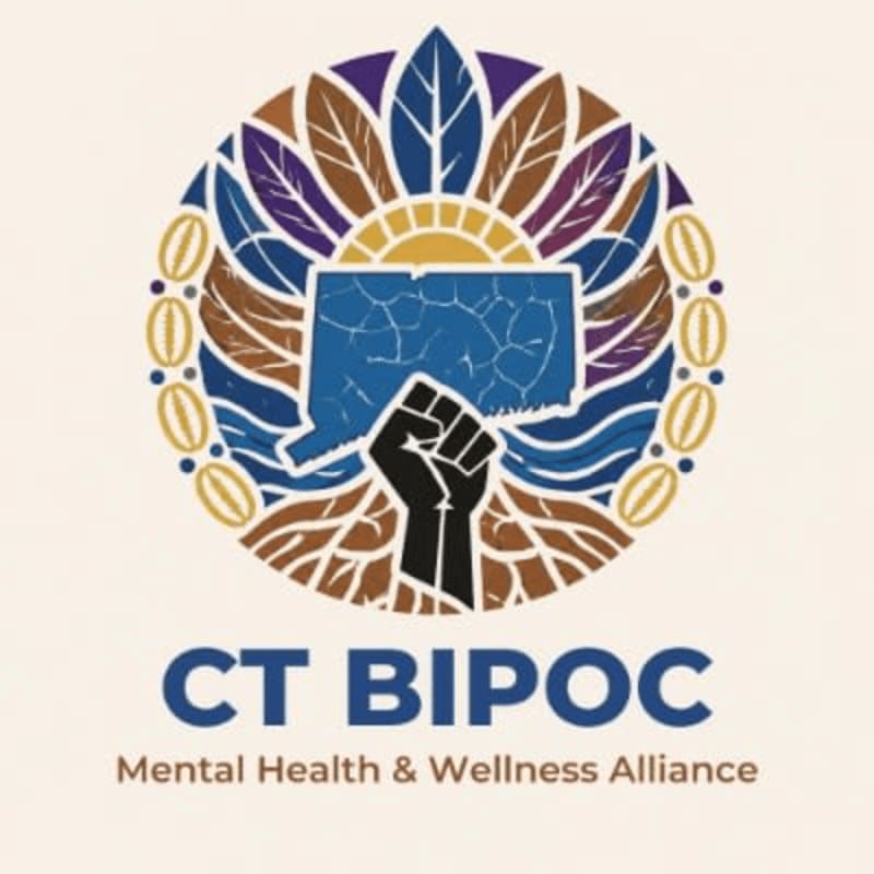 A black raised fist emerges from a blue outline of Connecticut, set against a circular design of leaves and roots, with the text "CT BIPOC Mental Health & Wellness Alliance" below.