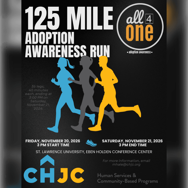 Silhouetted runners in blue, gray, and yellow race across a black background advertising a 125-mile adoption awareness run.