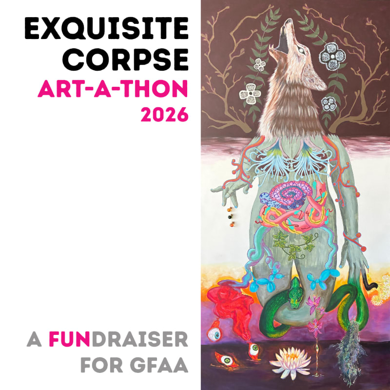 A surreal anatomical illustration of a wolf-headed figure with exposed organs and symbolic elements in the foreground is set against a dark, abstract background with text announcing "EXQUISITE CORPSE ART-A-THON 2026" and "A FUNDRAISER FOR GFAA."