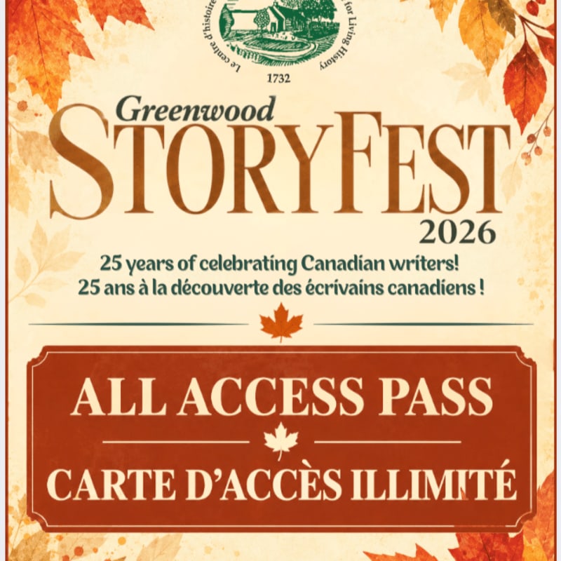 Autumn leaves frame a poster for Greenwood StoryFest 2026, featuring an "All Access Pass" at the bottom.