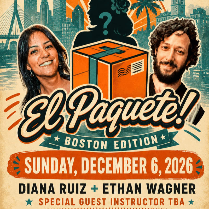 A woman and a man smile on either side of a large orange box with "El Paquete! Boston Edition" written above it, set against a backdrop of city buildings and palm trees.