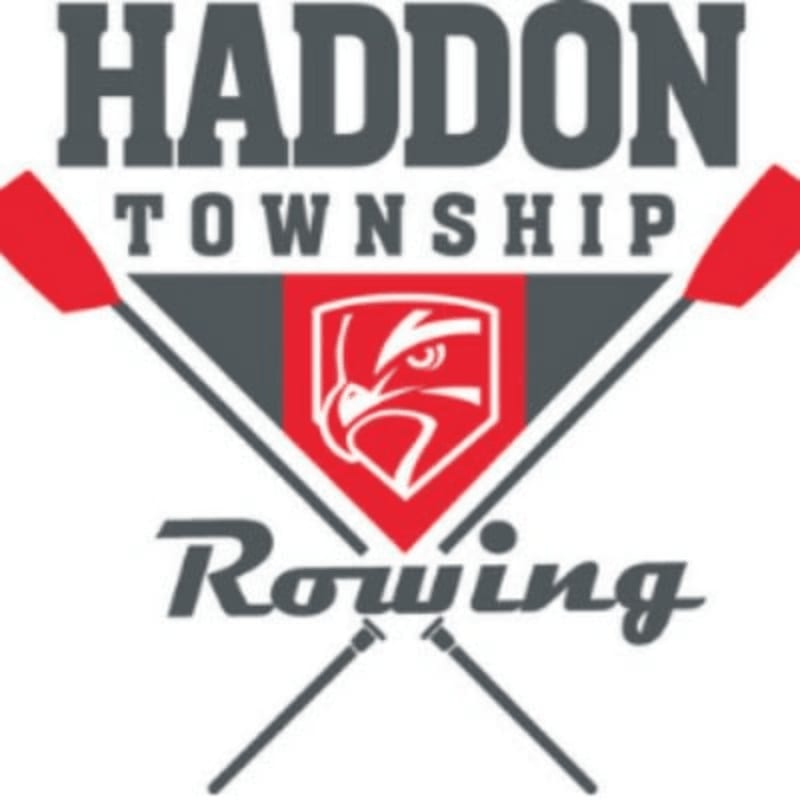 Two crossed oars in the foreground frame a shield with a hawk's head, above the words "HADDON TOWNSHIP Rowing" in the background.