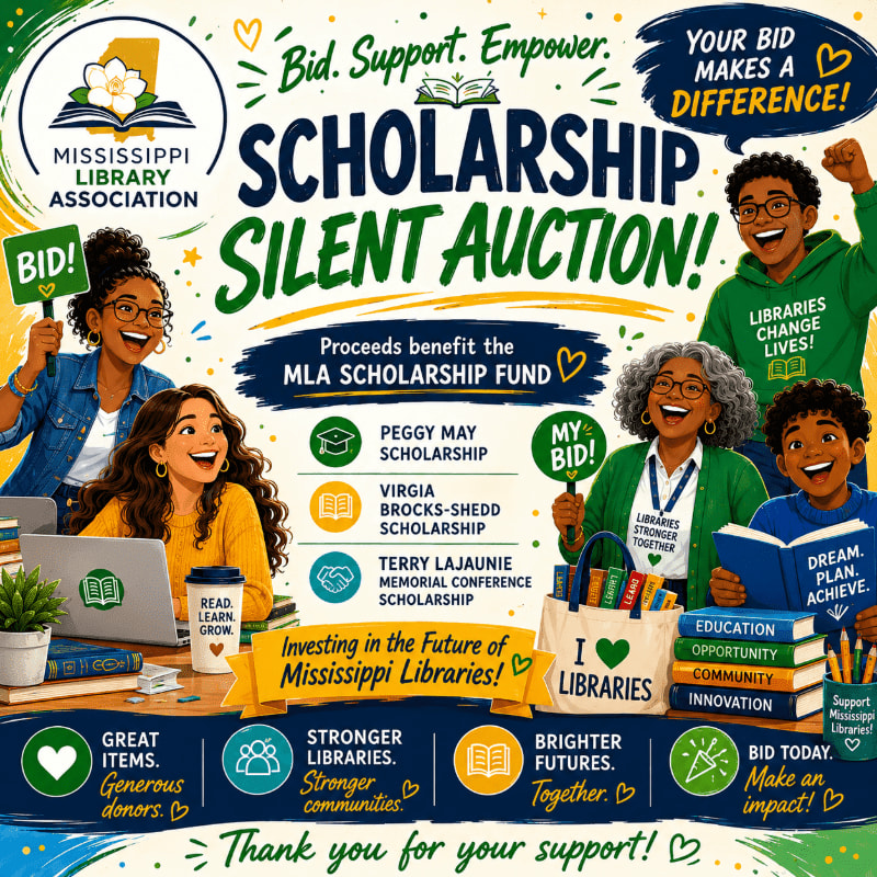 In the foreground, diverse people enthusiastically hold "BID!" signs and books, while the background features the Mississippi Library Association logo and details about a scholarship silent auction.