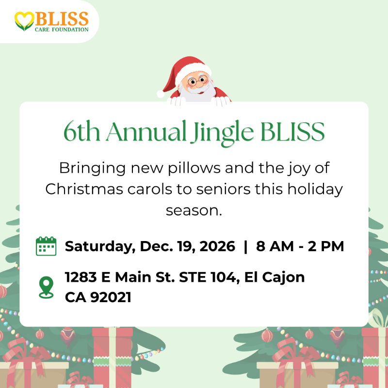 A festive invitation for the 6th Annual Jingle BLISS event, featuring Santa at the top and decorated Christmas trees with gift boxes in the foreground, announces a holiday gathering for seniors with carols and pillows.