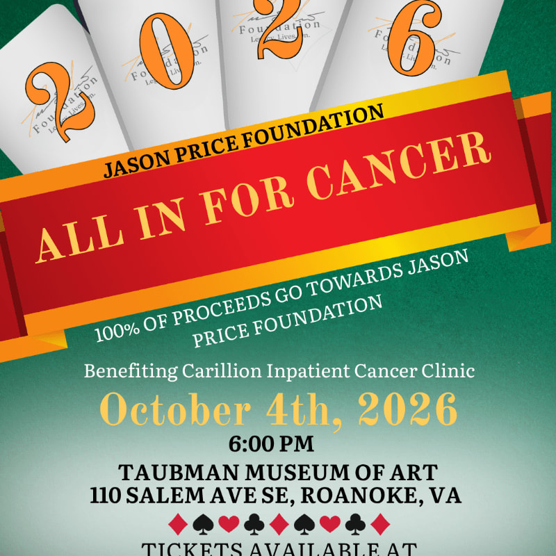 Playing cards with numbers and the text "JASON PRICE FOUNDATION ALL IN FOR CANCER" are in the foreground, while a green gradient background with a subtle pattern is in the background.