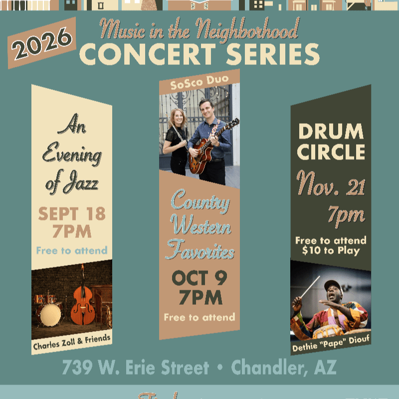 A concert series poster for "Music in the Neighborhood" in 2026 features three event flyers with jazz, country, and drum circle details in the foreground, set against a stylized background of houses and a banner.