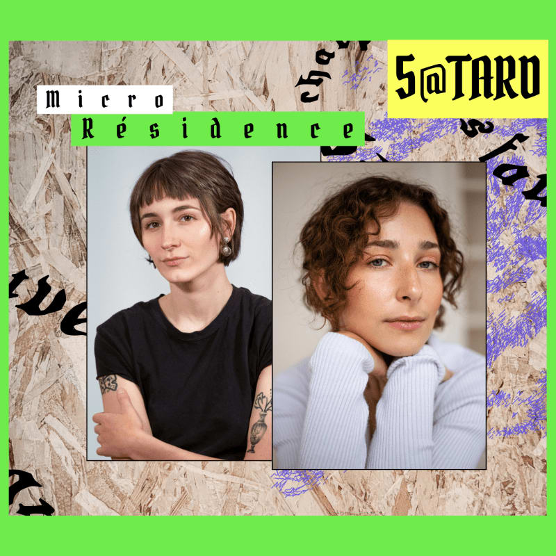 Two women are featured in portraits, one on the left with short dark hair and tattoos, and another on the right with curly brown hair, set against a textured background with bold text and a bright green border.