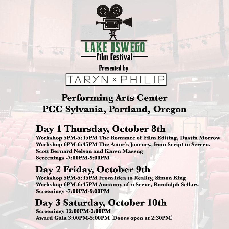 A film festival poster with event details is overlaid on a blurred background of red theater seats.