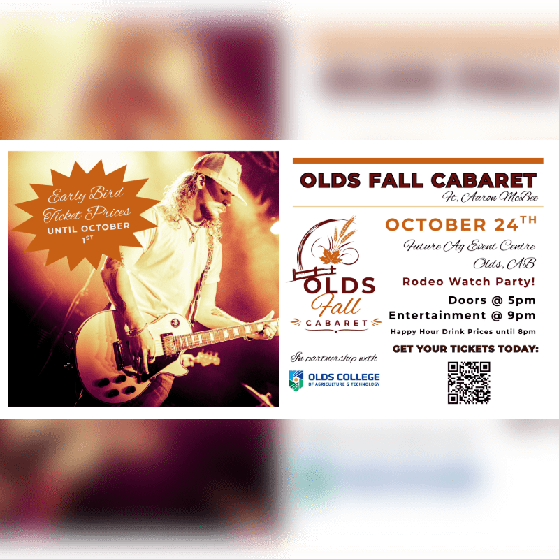 A guitarist performs on stage in the foreground, while the background displays event details for the Olds Fall Cabaret.