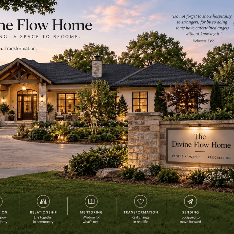 A luxurious stone and wood home with manicured landscaping is illuminated at dusk, with a sign in the foreground reading "The Divine Flow Home" and a Bible verse above.