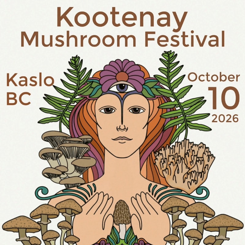 A mystical woman with a third eye and flowing hair is surrounded by various mushrooms and ferns, with "Kootenay Mushroom Festival Kaslo BC October 10 2026" text in the background.