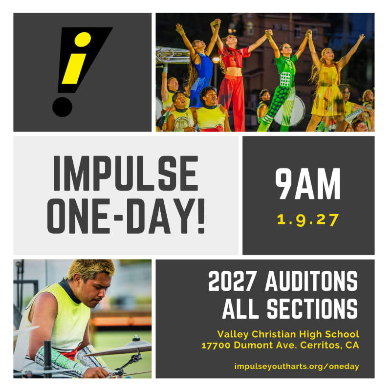 A collage features a yellow exclamation mark on a gray background, a group of performers in colorful costumes, text announcing "IMPULSE ONE-DAY!" and audition details, and a drummer in the foreground.