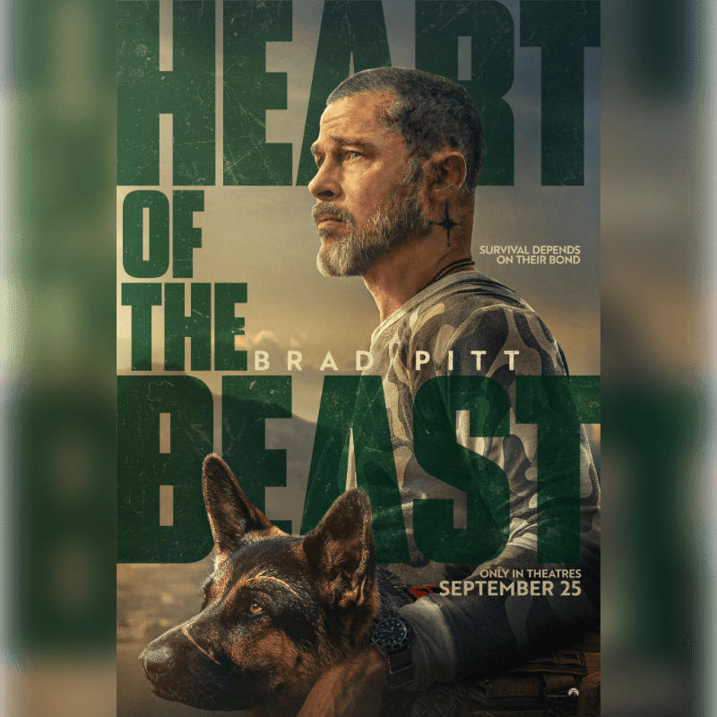 Brad Pitt stands with a German Shepherd in the foreground, against a backdrop of the movie title "HEART OF THE BEAST" and a cloudy sky.