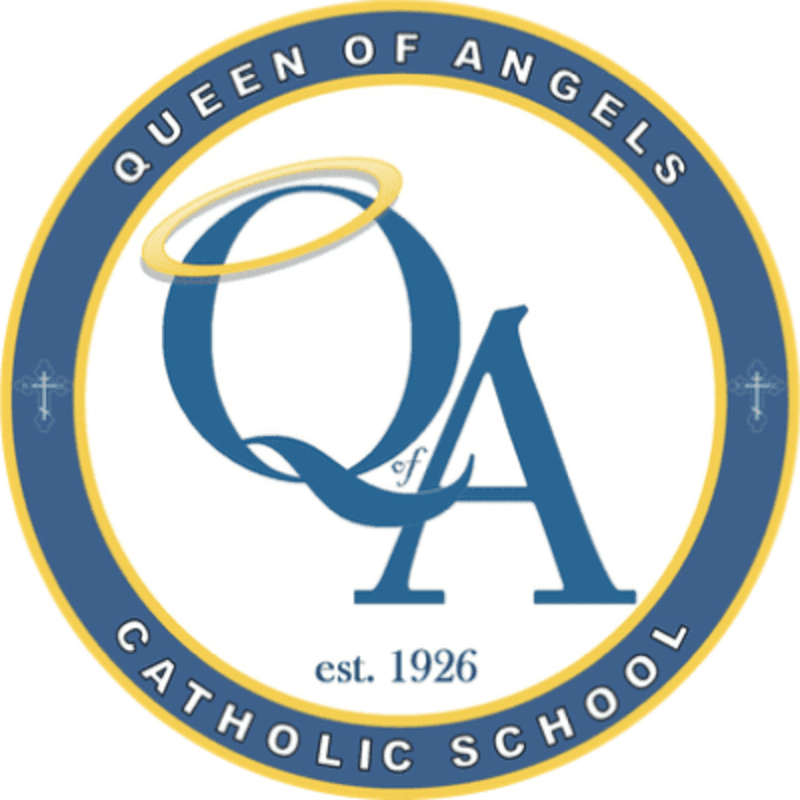 A blue and gold circular logo for Queen of Angels Catholic School features the letters "QA" with a halo in the foreground, set against a white background.