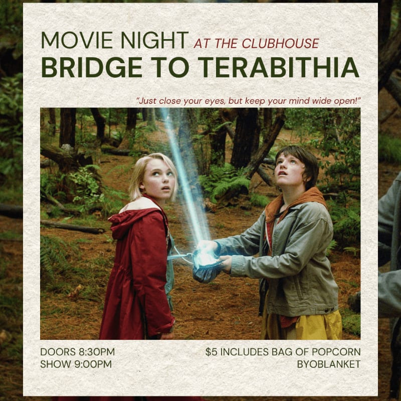 Two children stand in a forest, holding a glowing blue light, with movie night details overlaid on the poster.
