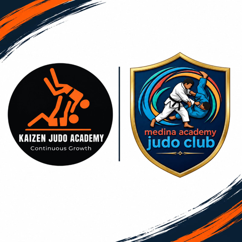 Two judo club logos, one circular with orange figures and text on a black background, and another shield-shaped with blue and colorful swirling elements and judokas in action, are presented side-by-side against a white background with abstract orange and black corner accents.