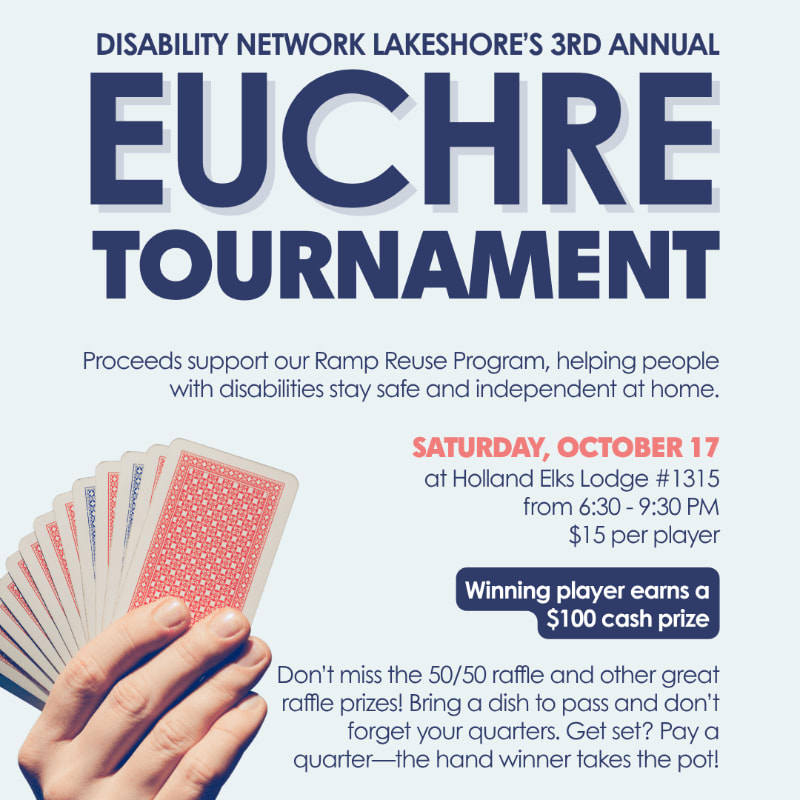A hand of playing cards is fanned out in the foreground against a light blue background advertising a Euchre tournament.