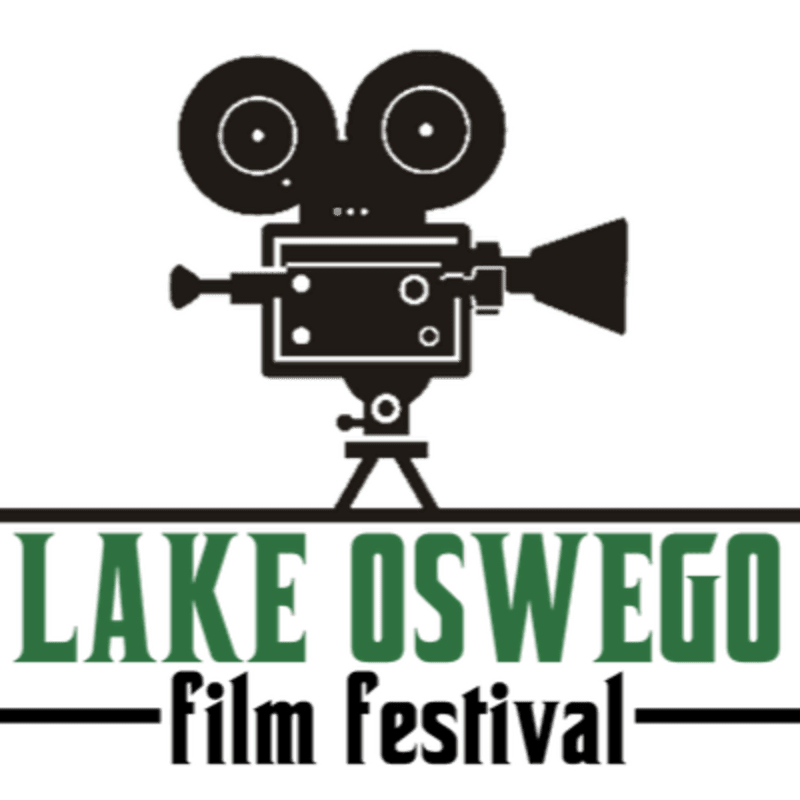 A vintage film camera is centered above the text "LAKE OSWEGO film festival" on a white background.