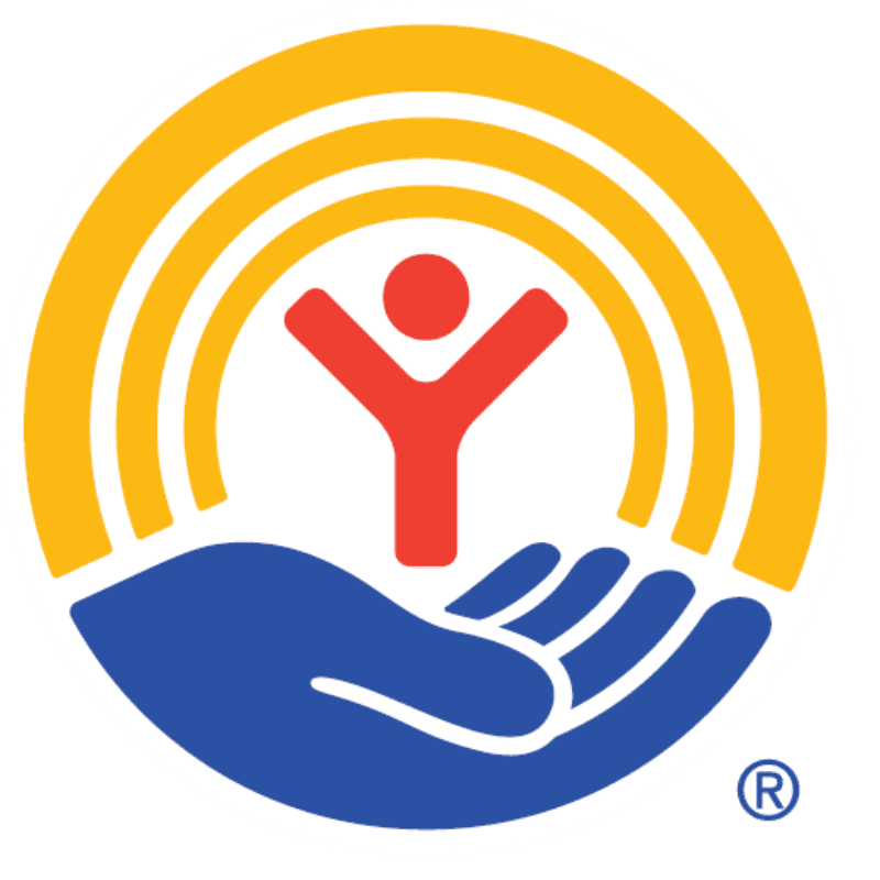 A blue hand cradles a red figure with outstretched arms beneath a yellow rainbow in the background.