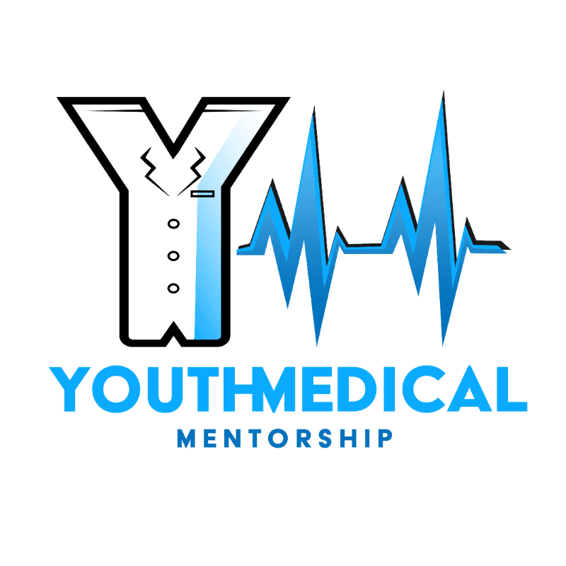 A stylized white lab coat forms the letter "Y" in the foreground, next to a blue electrocardiogram line, with the words "YOUTHMEDICAL MENTORSHIP" in blue text below.