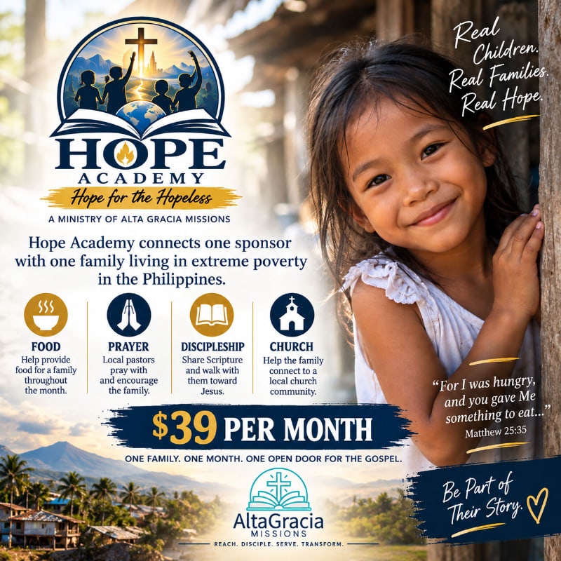 A smiling young girl in the foreground looks towards the viewer, while the background features a mountainous landscape with a village and a logo for "Hope Academy."