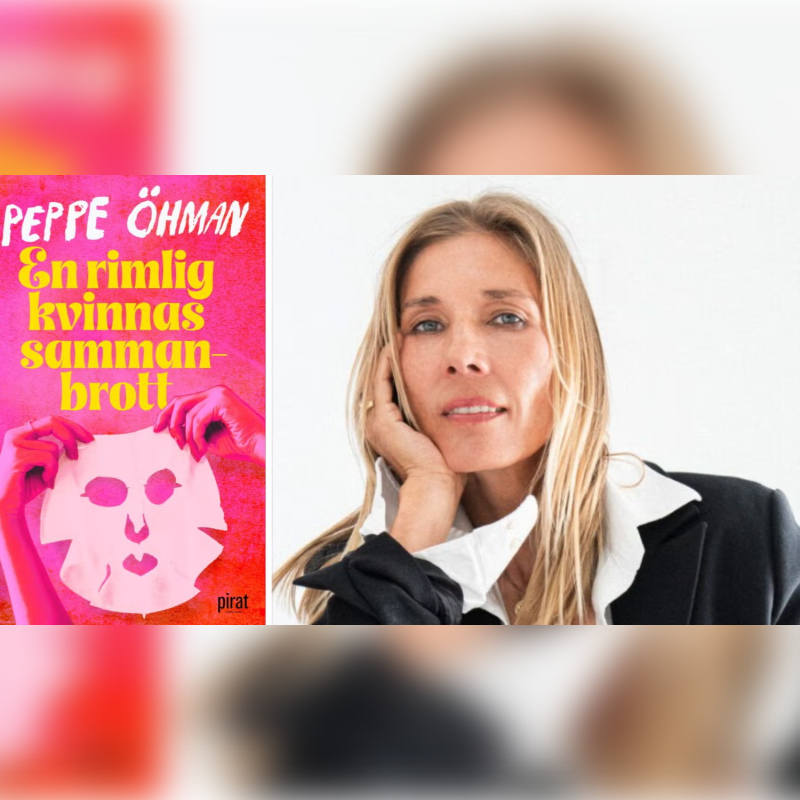 A book cover with a pink sheet mask is on the left, and a woman with blonde hair wearing a black blazer is on the right, with a blurred background.
