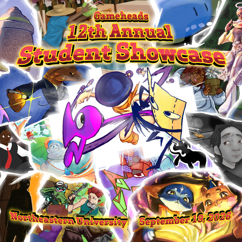 A vibrant collage of student artwork, featuring cartoonish characters and fantastical creatures, is presented against a backdrop of the "Gameheads 12th Annual Student Showcase" title and event details.