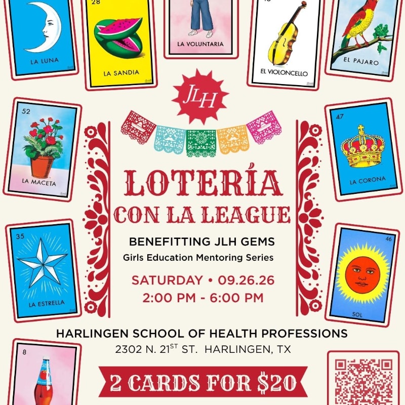Colorful Loteria cards surround a central announcement for "Loteria con La League" benefiting JLH GEMS, with event details and location at the bottom.