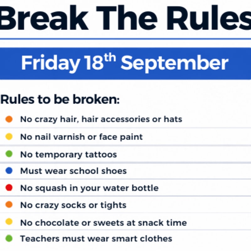A list of rules to be broken for "Break The Rules" day on Friday, September 18th, is presented against a plain background.
