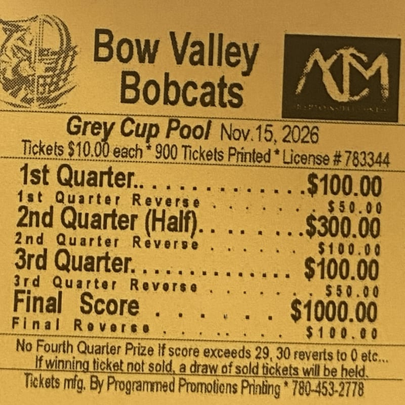 A grey and yellow flyer for a "Bow Valley Bobcats Grey Cup Pool" with prize amounts listed in the foreground and a logo in the background.