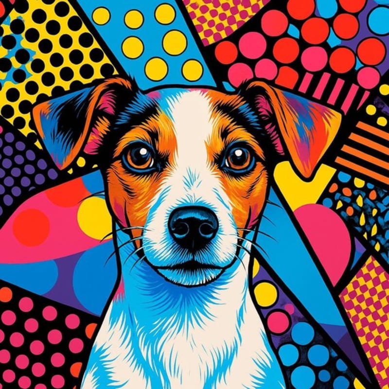 A close-up of a tri-colored Jack Russell terrier's face is set against a vibrant, abstract background of colorful geometric shapes and polka dots.