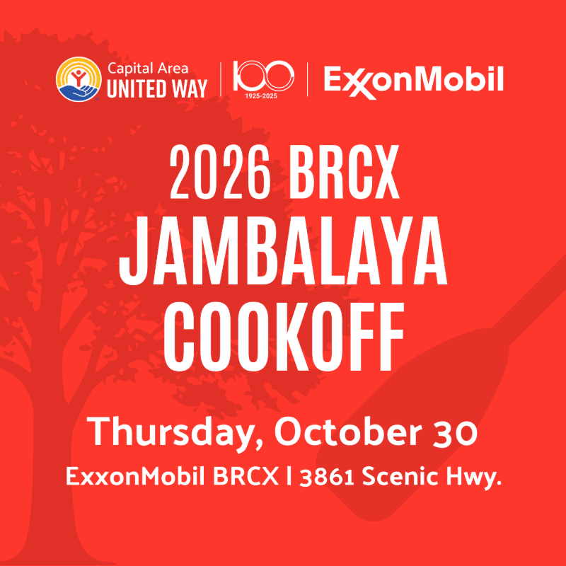 A vibrant red background with a silhouette of a tree on the left and a spatula on the right frames the text announcing the "2026 BRCX Jambalaya Cookoff" on Thursday, October 30, at ExxonMobil BRCX, 3861 Scenic Hwy.