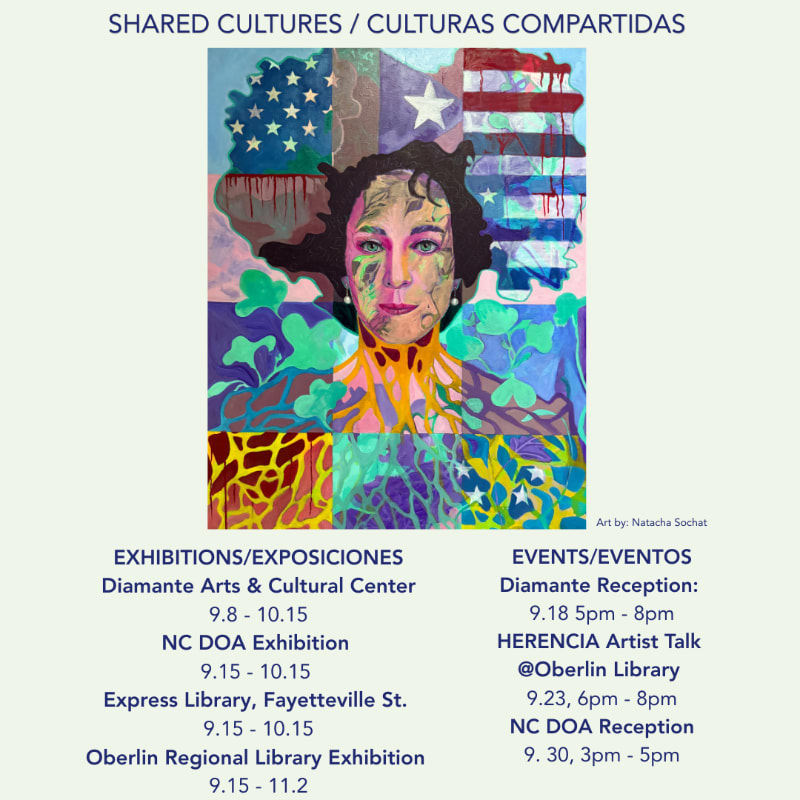 A vibrant portrait with abstract elements in the foreground is set against a light background listing art exhibition and event details.