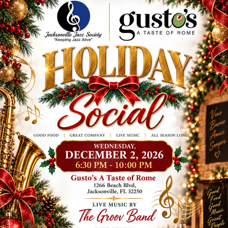 A festive holiday social event is advertised with a saxophone and Christmas decorations in the foreground, and a warm, inviting restaurant interior with holiday lights in the background.